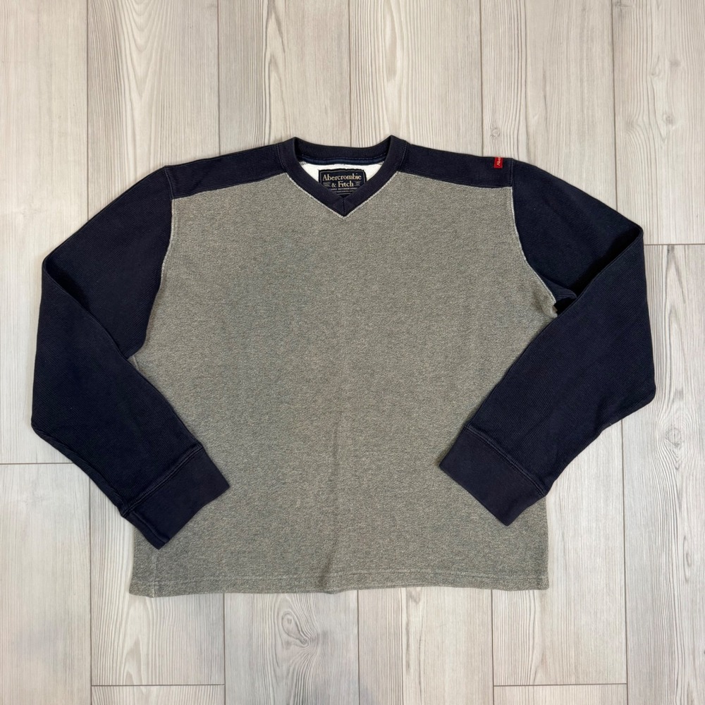 Abercrombie & Fitch Vintage Thermal Shirt Mens XL Grey Navy Blue Waffle‎ Knit